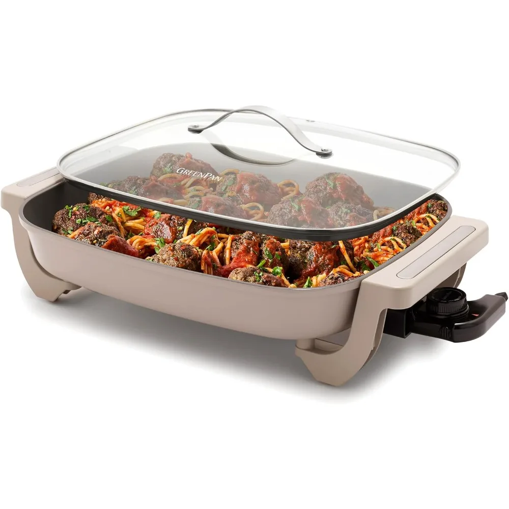 

12 Inch by 15 Inch Electric Skillet with Lid, 7-Quart Capacity for Family Cooking, Healthy Ceramic Nonstick Surface, PFAS-Free