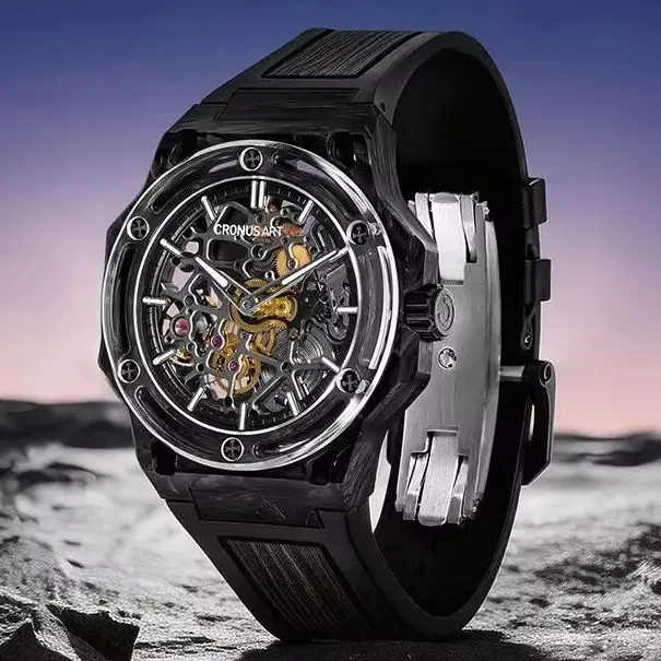 CRONUSART Men Automatic Watch 42mm Mechanical Wristwatch Carbon Fiber Case Luminous Sapphire Skeleton Dial FKM Strap Sport