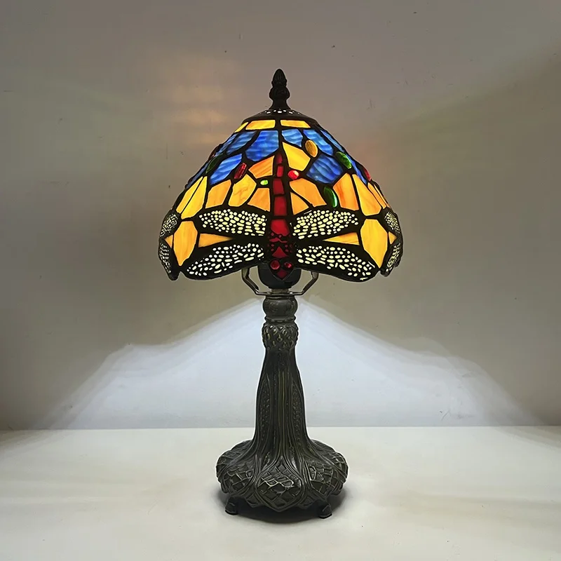 

8-дюймовая красивая лампа в стиле Тиффани с синим витражным абажуром в виде бабочки и антикварным основанием для домашнего декора