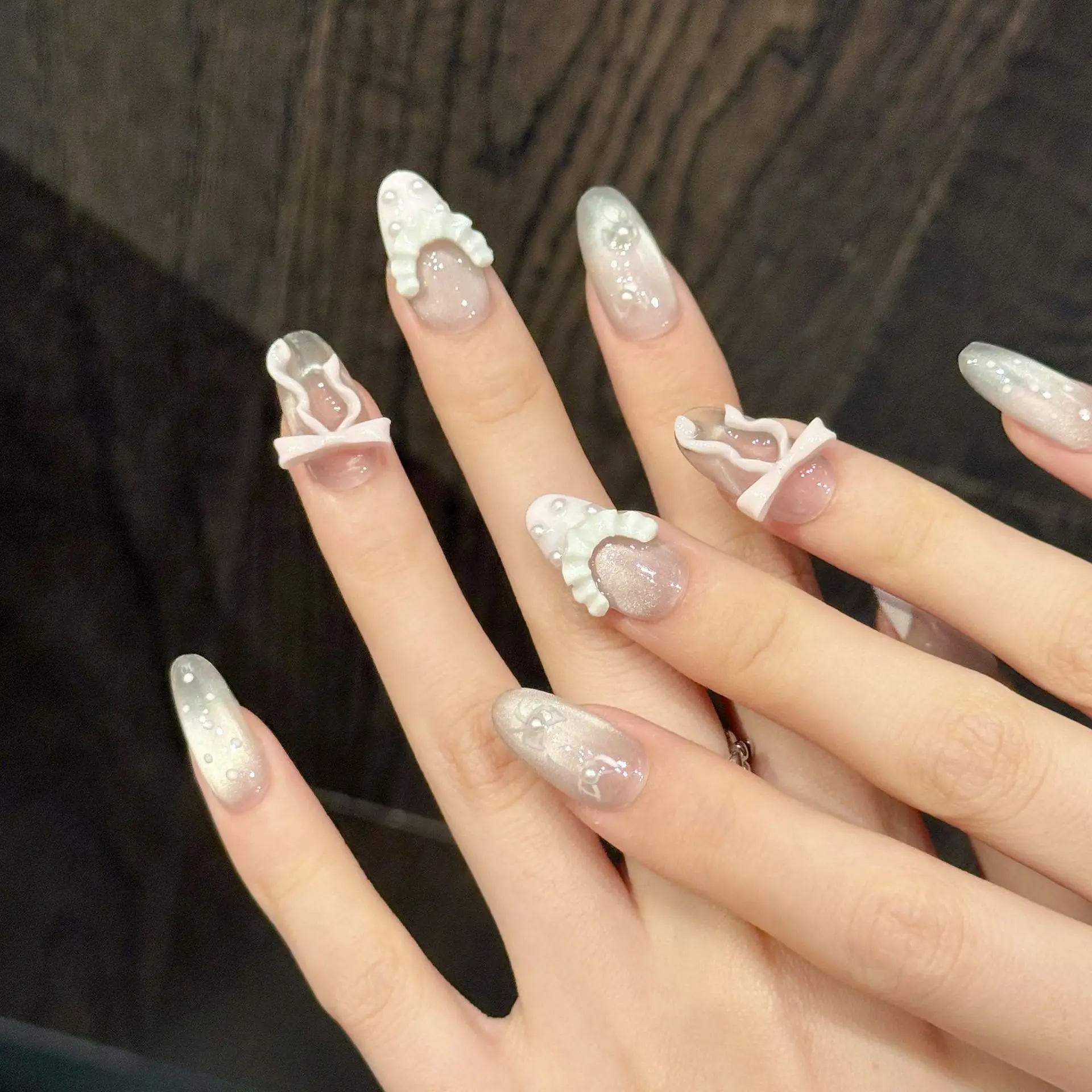 

10pcs Little Fresh 3D Bowknots Press On Nails Pink Purple French Style Cat's Eye Handmade Fake Nails Sweet Korean False Nail