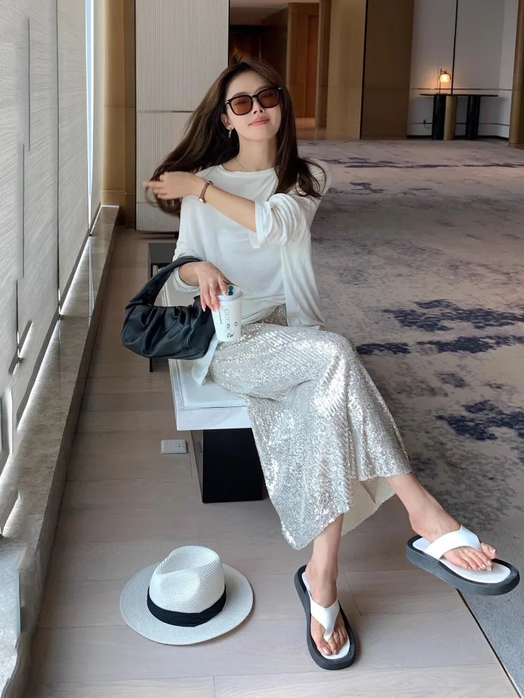Summer New Women Ankle Length Long Straight Skirt High Waist Bling Bling Shiny Sequined Party Skirts Casual Lady Slim Fit Skirt
