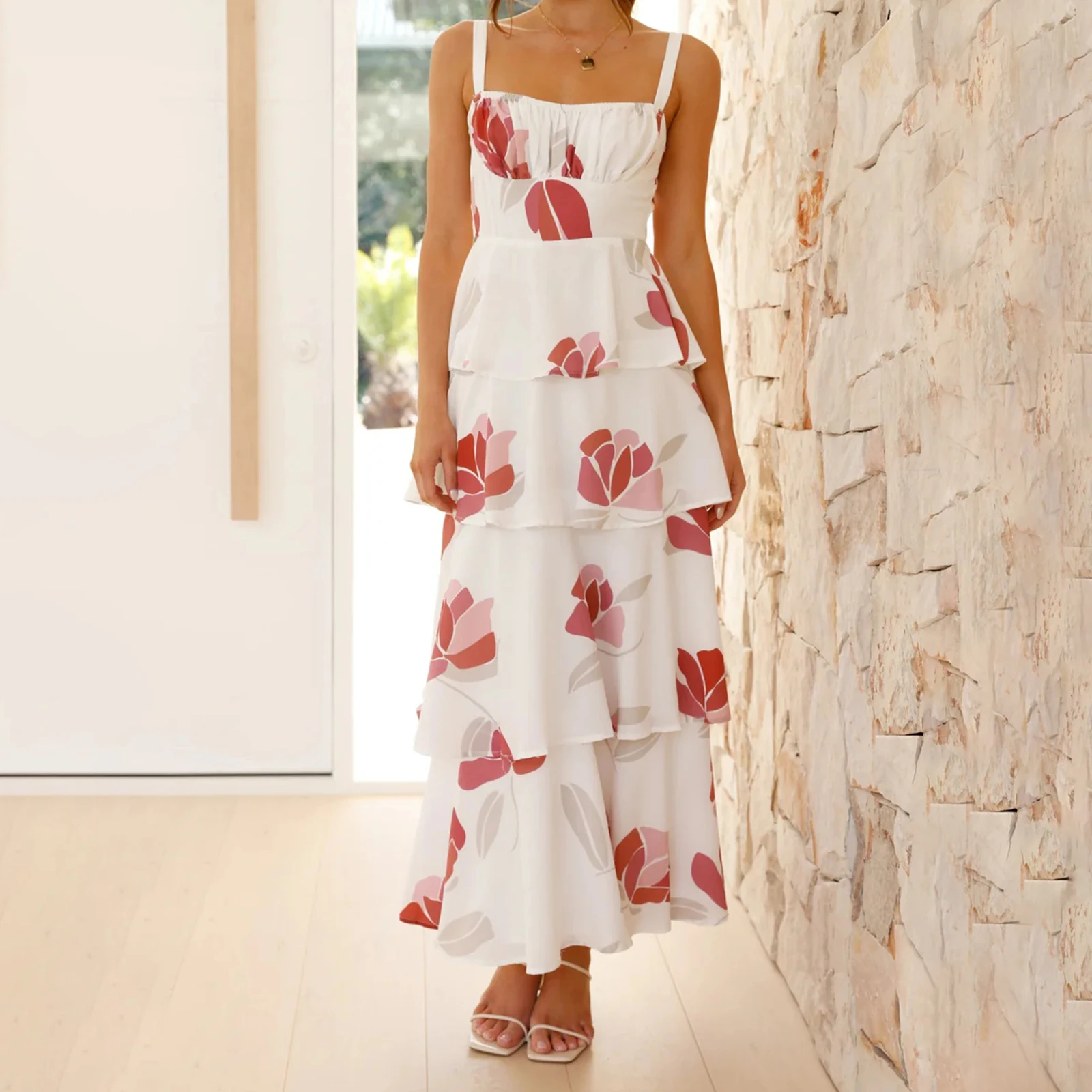 Robe longue à plusieurs niveaux pour femmes, imprimé Floral, sans manches, camisole, à nouer dans le dos, à volants, pour la plage, décontractée, 2025