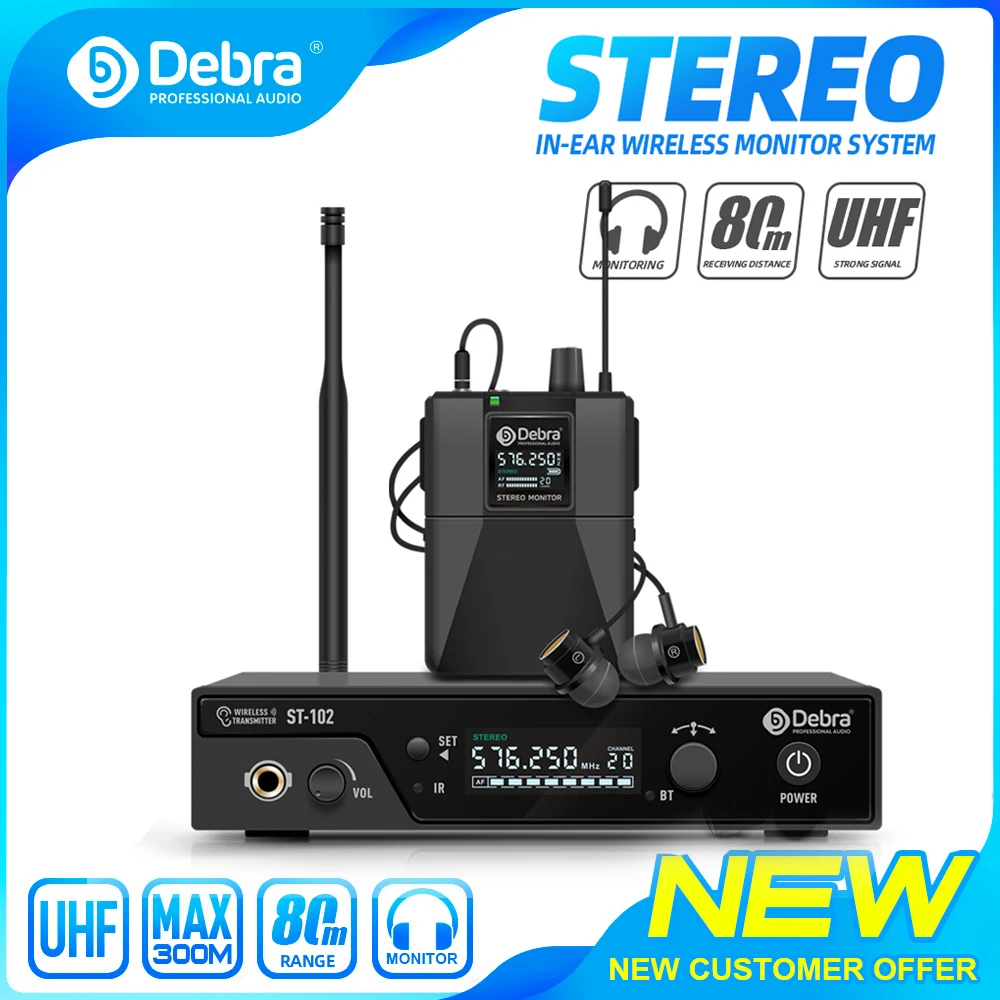 Debra Stereo IEM Wireless In-Ear Monitor System ST-102 with Bluetooth UHF range 80-300m for stage, recording, instrument,drummer