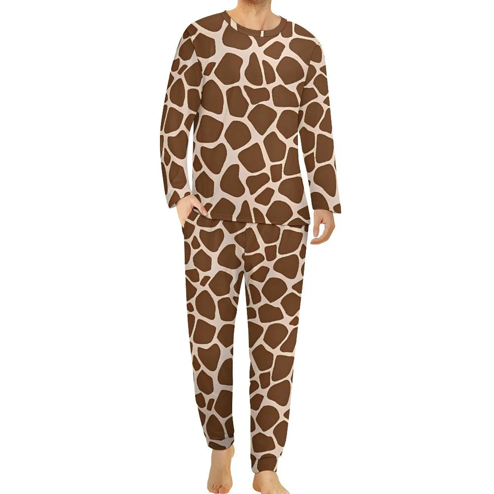 Giraffe Print Pajamas Autumn 2 Piece Brown Animal Skin Lovely Pajama Sets Men Long Sleeve Aesthetic Graphic Sleepwear Large Size