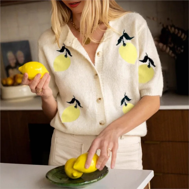 

Casual LOOSE Printed Sweater Autumn New Mango Pattern Knitted Sweater Fashion Casual Short Sleeve Button Sweater Top for Women