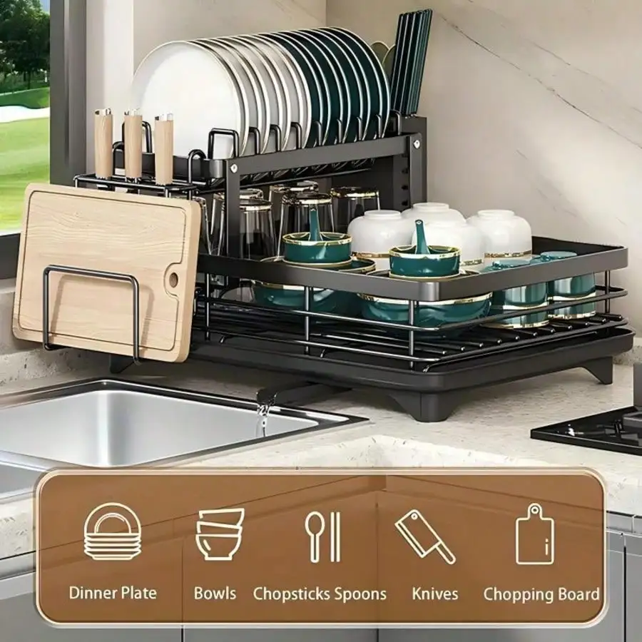 2 Tier Dish Drying Rack Modern Black Stainless Steel Dish Drainer With Auto Drainboard Large Capacity Kitchen Countertop Organizer With Cutting Board Utensil Holder For Sink Counter Housewarming Gift