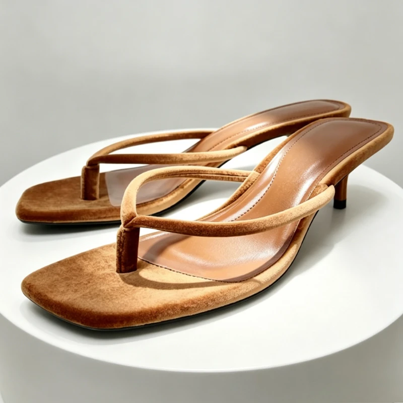 Brown Velvet Kitten Heel Flip Flops Woman 2026 Summer Split Toe Comfortable Slippers Fashion Square Toe Designer Slide Sandals