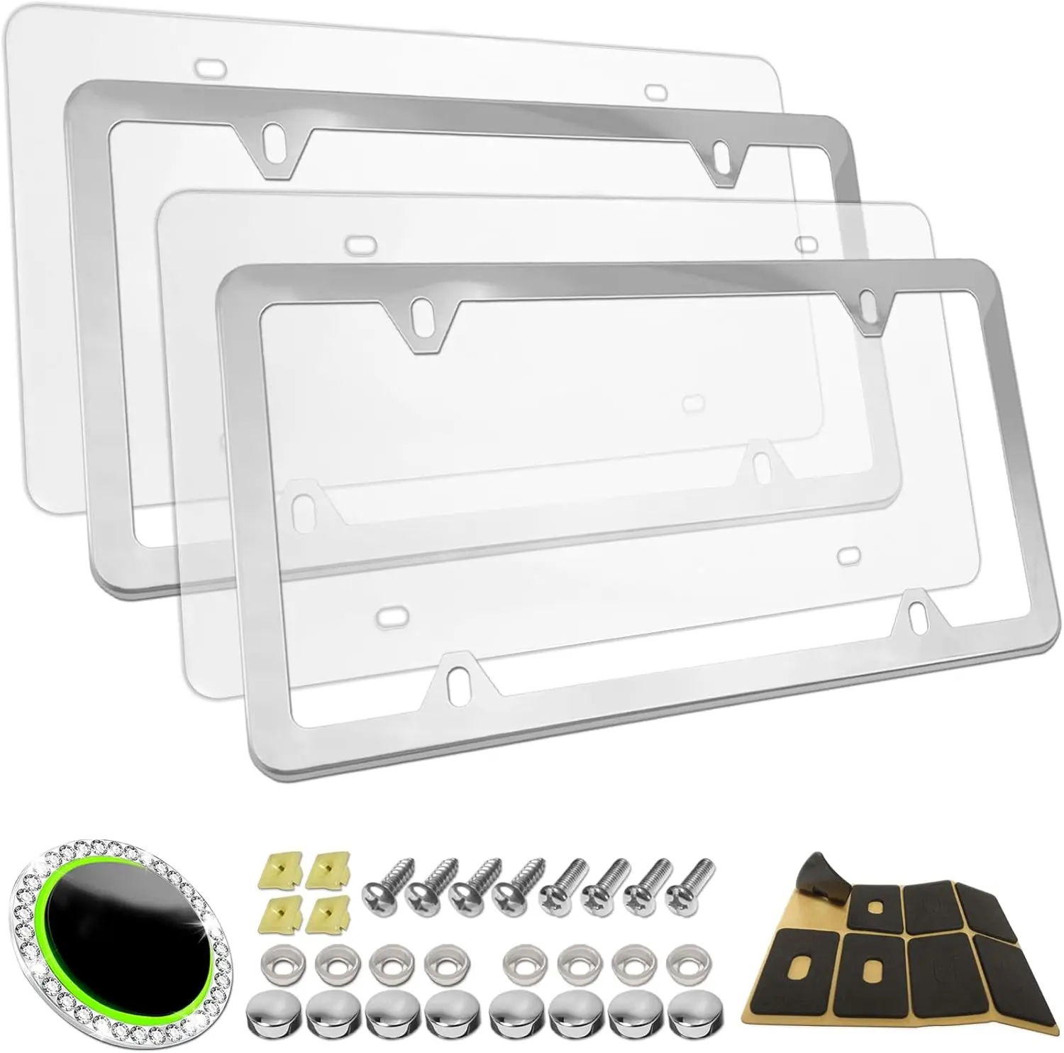 

Clear Acrylic License Plate Frames, 2-Pack with Stainless Steel Holder and Screw Caps for Front/Rear Protection