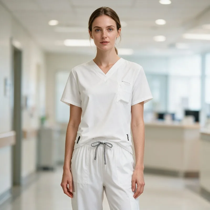 New Arrival Scrub Set –Operating Room Nurse Doctor Uniform Straight Leg Pants V-Neck Top with Pockets & Elastic Waist