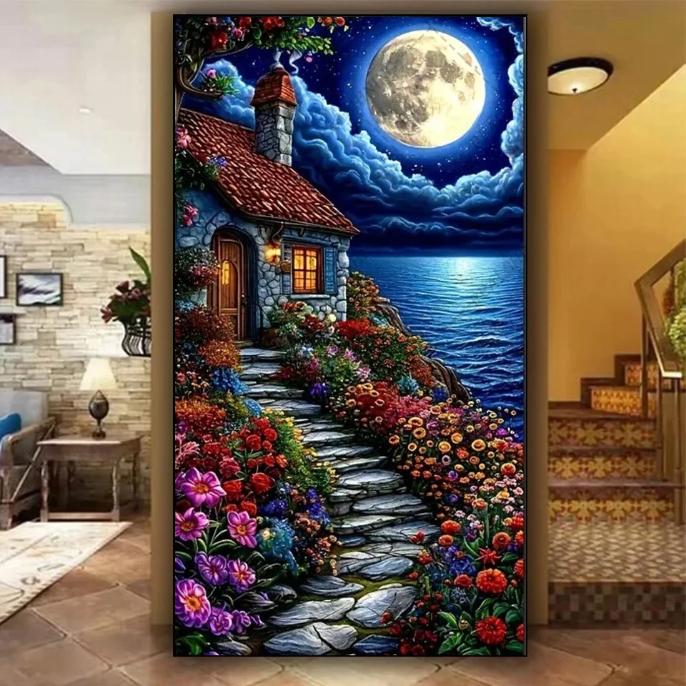 

Large Size Seaside Flowers House Diamond Paintings New 2025 5D Diy Diamond Mosaic Embroidery Moon Scenery Art Unique Room Art