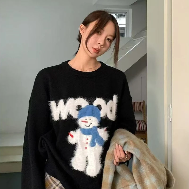 2025 Lazy Wind Hot Sale Winter New Christmas Style Atmosphere Snowman Pattern Hoodie Loose Knitted Sweater for Women 4