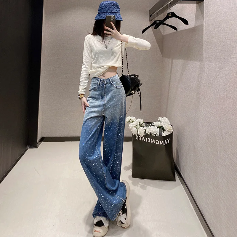 2025年 レディース ダークブルー グラデーション デニムパンツ - ワイドレッグ ラインストーン スリム効果 フロア丈、万能でおしゃれなトラウザーズ