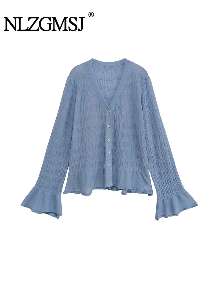 

NLZGMSJ 2025 New Solid Long Sleeve Knit Coat Ruched Decoration Short Cardigan Tops Women Casual Streetwear