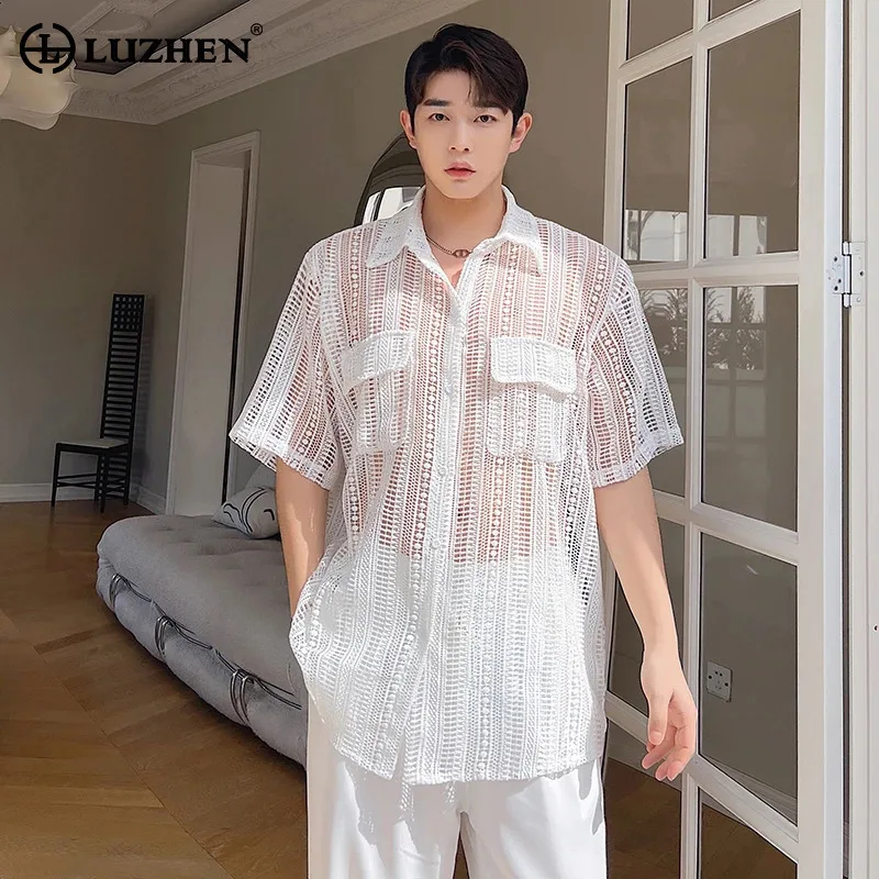 

LUZHEN короткая рубашка с рукавами, повседневная летняя дышащая элегантная мужская дизайнерская полая корейская мода 2025 года, тонкая одежда, оригинальная JY2553