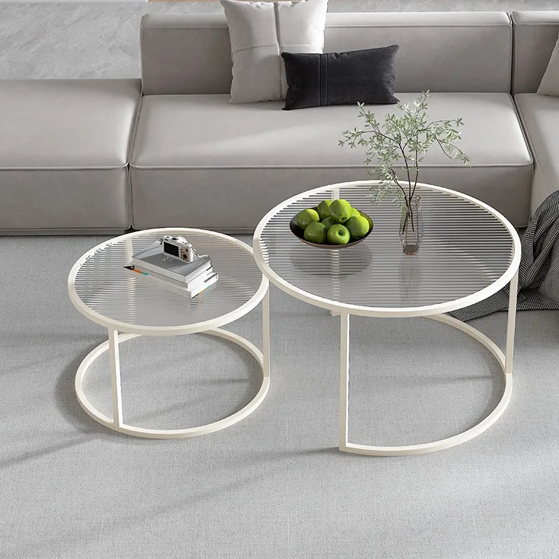 Round tempered glass coffee table, light luxury Instagram, cream style small round  living room