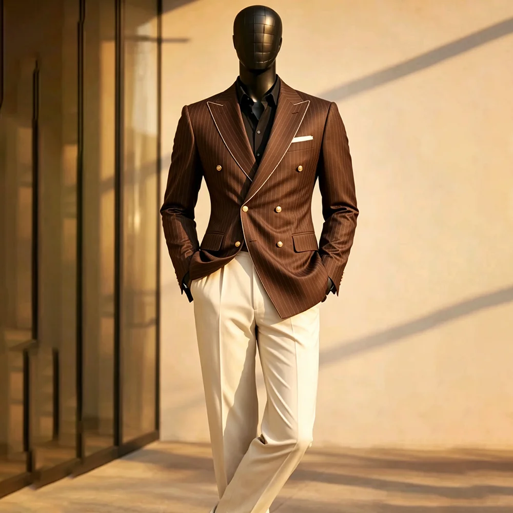 

Timeless Shrarp Men's Brown Pinstripe Double Breasted Suit Elegant Wedding Party Groom Attire Formal Business 2 Piece Set