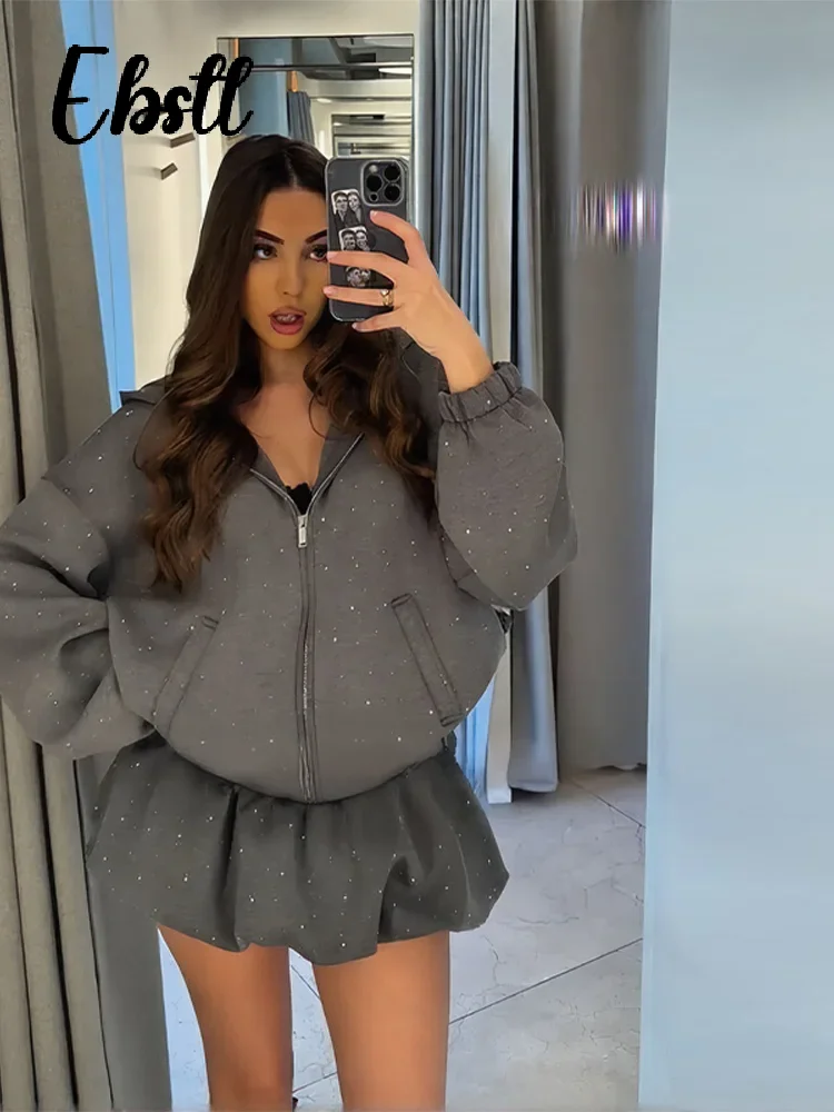 حجر الراين سستة هوديس التنانير مجموعة المرأة عادية مقنع جيوب كم كامل البلوز منتفخ تنورة قصيرة 2025 جديد Lasy الزي