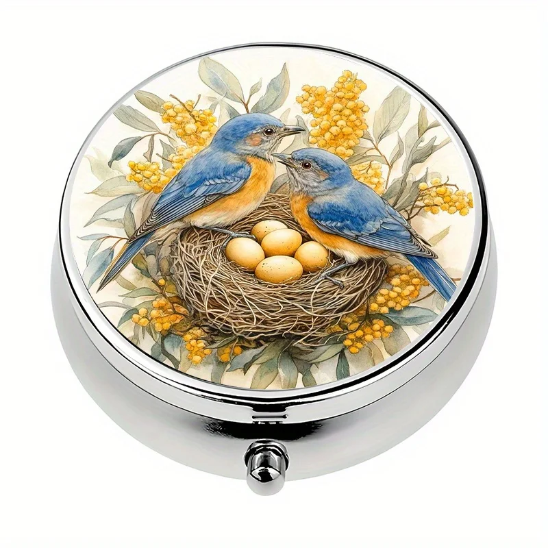 1 Blue Bird Nest Theme Pill Box - 3-Compartment Metal Pill Organizer, Food-Grade Decorative Vitamin Box with Floral and Bird Patterns, Suitable for Car, Handbag, or Daily Medication, Mini Pill Box, Personal Medicine Container, Nature-Inspired Design, Polished Finish, Portable Medicine Storage Box, Sturdy Structure, Exclusive for Health-Conscious Users