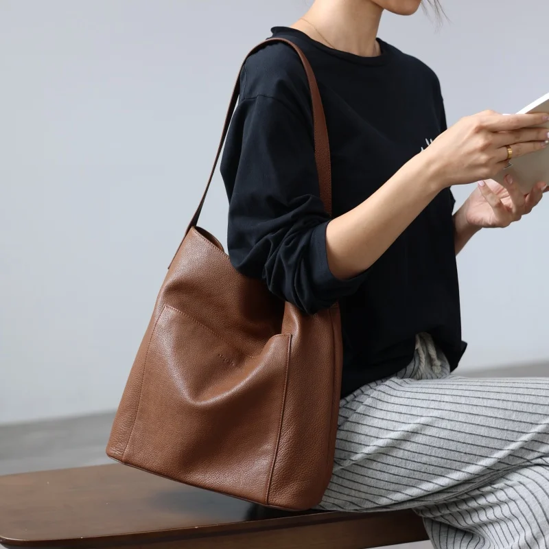 Women Genuine Leather Vintage Soft Tote Versatile Large Capacity Single Shoulder Bags