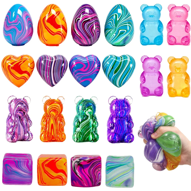 Marble Pattern Maltose Squishy Toy Cube Bear Heart Egg Slow Rebound Squeeze Sensory Fidget Toy Anti-stress Anxiety Relief Toy