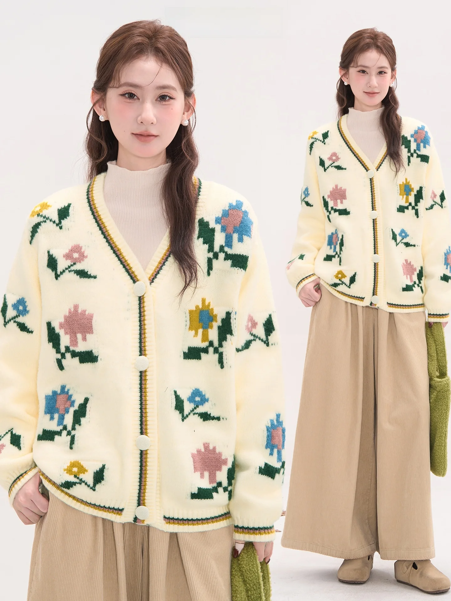 

Женский вязаный кардиган с цветочным узором, V-образный вырез, корейский стиль, зимняя верхняя одежда, свободный крой, длинный рукав, теплый, однотонный