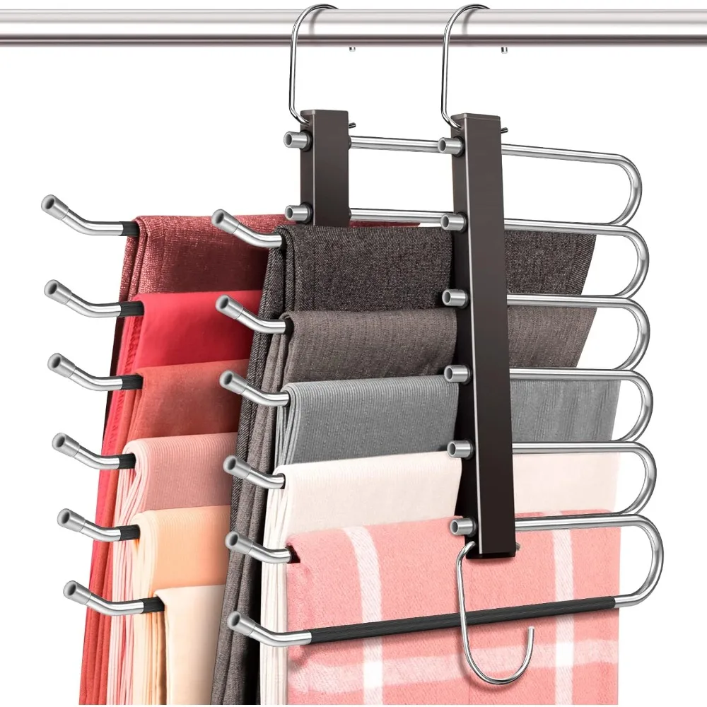 

Space Saving 6 Tier Pant Hangers, Anti-Slip, Stainless Steel, 2 Pack, Black