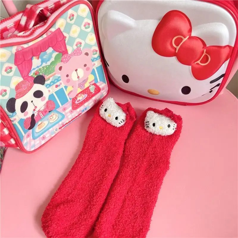  Socks Hello Kitty Anime Peripheral Christmas New Year's Edition Coral Fleece Mid Tube Socks Solid Color Simplicity Gift