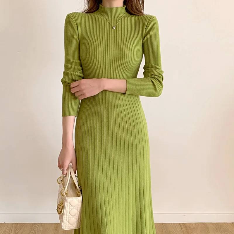 Sweater Dress Women Long Dresses Knitted Mock Neck High Waist A Line Solid Casual Autumn Winter Knit Vestidos Elegant Y2k Tops