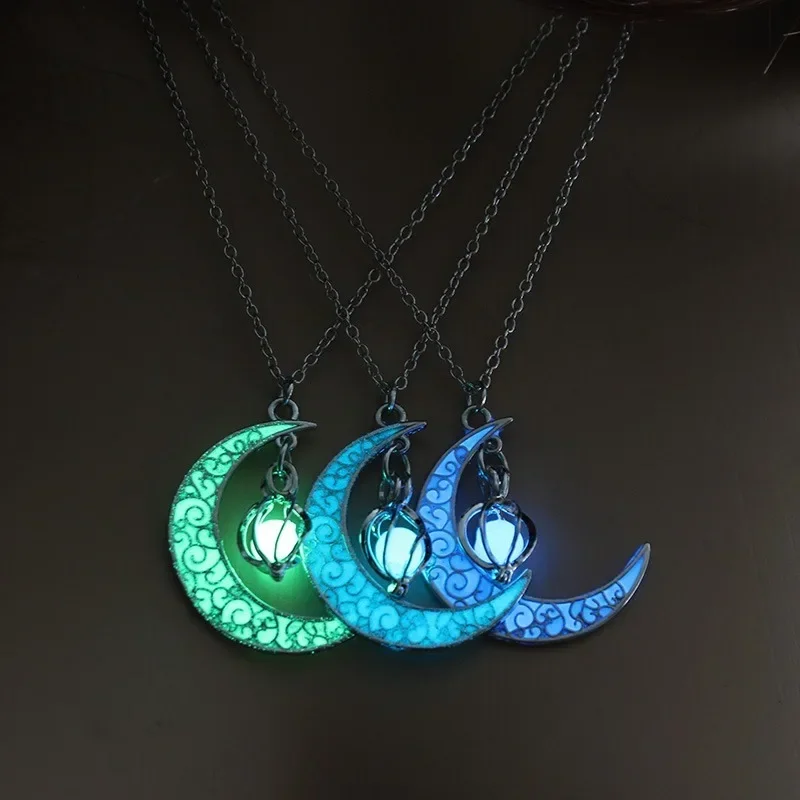 Moon Glowing Necklace Gem Charm Jewelry Silver Plated Women Halloween Pendant Hollow Luminous Stone Pendant Necklace Gifts