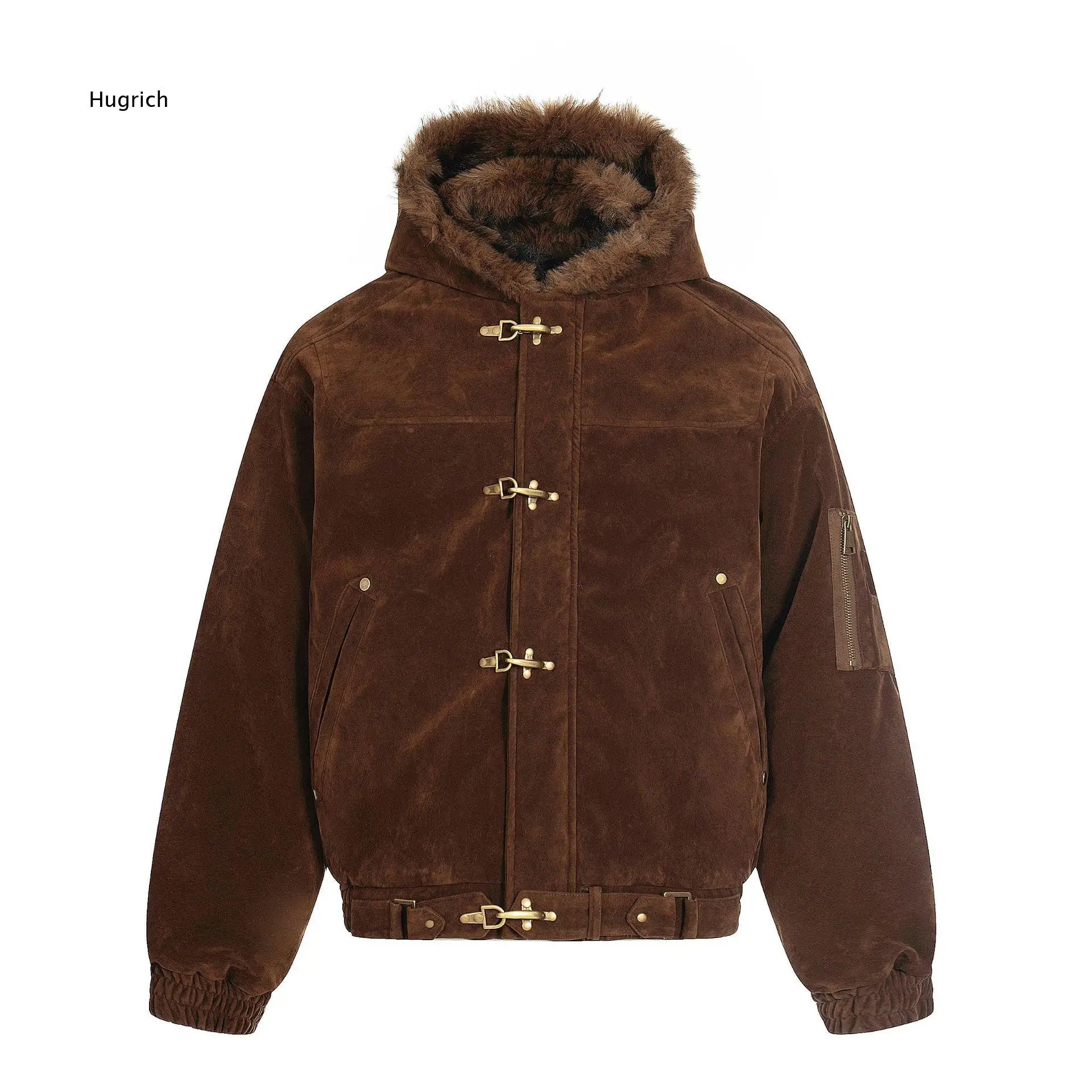 Men Vintage Hooded Warm Outer Jacket Long Sleeve Metal Buckle Design With Elastic Cuffs For Autumn Winter Daily Matching