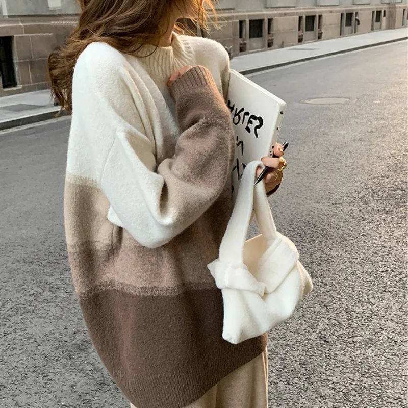 الكورية نمط لينة شمعي الجولة الرقبة متماسكة سترة المرأة البلوز 2025 الخريف/الشتاء تصميم جديد غير رسمي فضفاض كسول محبوك