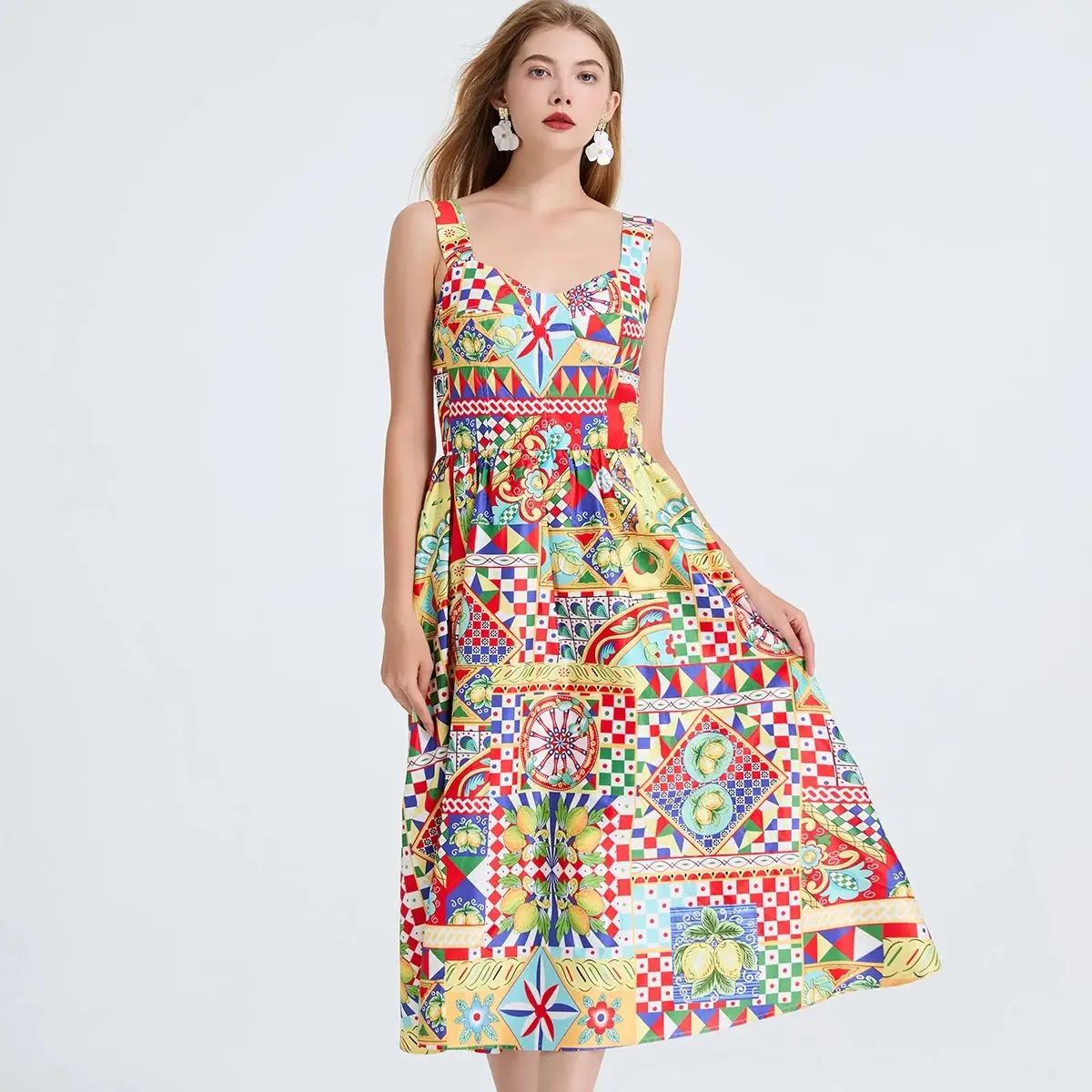 

Summer Rumway Fashion Flower Print Long Dress Women Slash Neck Spaghetti Strap Elegant Backless High Waist Beach Party Vestidos