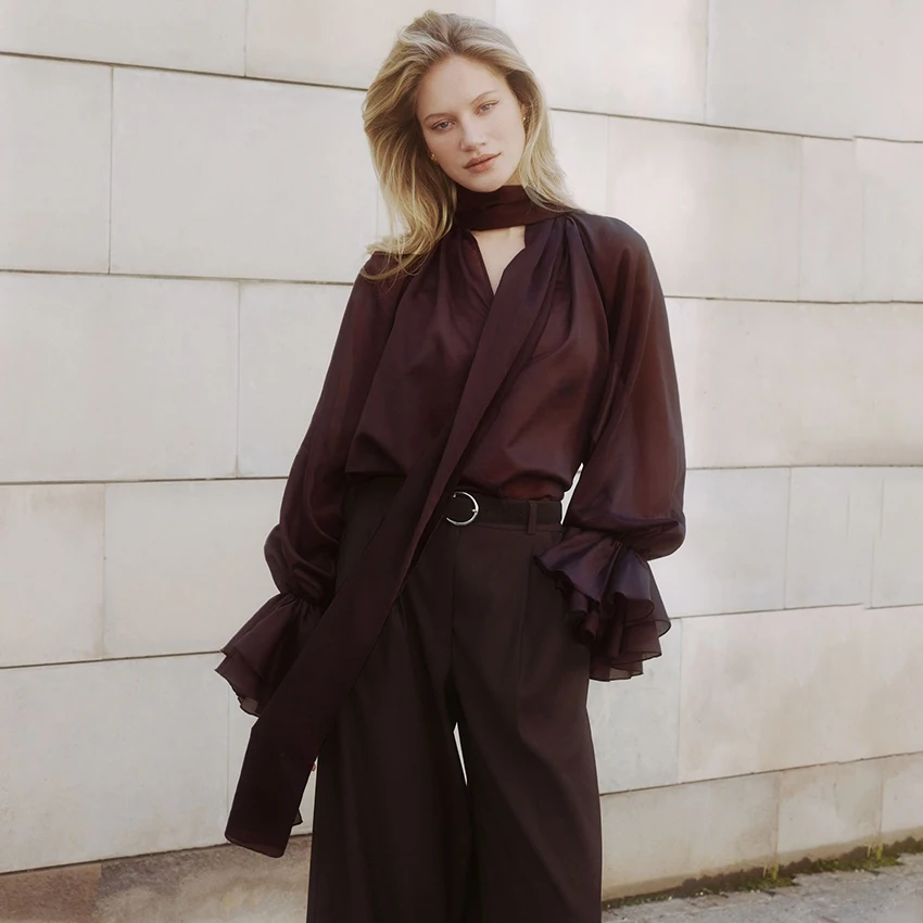 

Linad элегантная зеленая женская блузка с рукавами-бабочками, осенняя уличная шикарная топы с шарфом и воротником, осенние повседневные коричневые рубашки, женские 2025