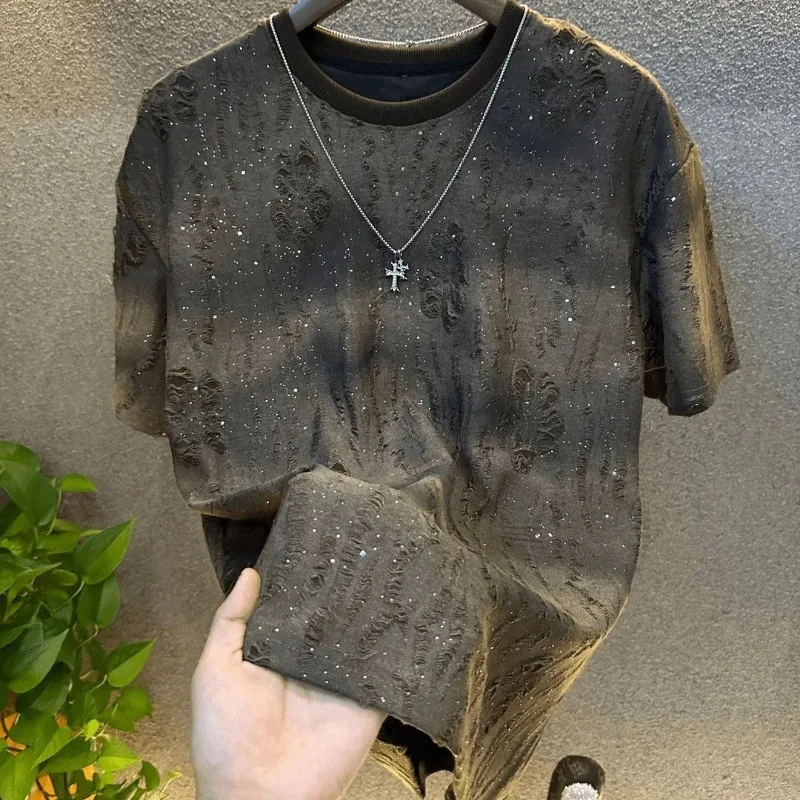 

Men's Clothing Summer Hot Drilling Short-sleeved T-shirt Fashionable Korean-style Sequin Gradient Rough Round Neck Top
