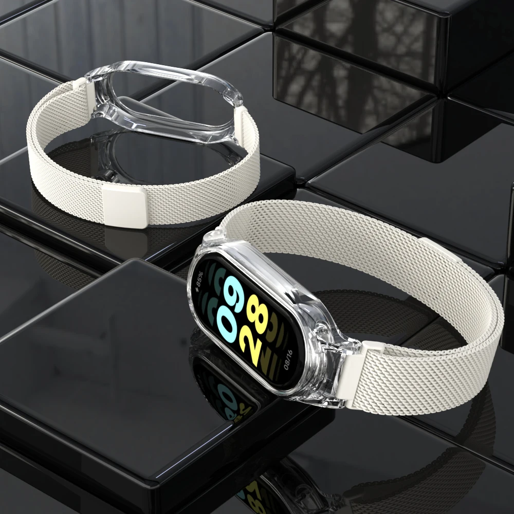 Suitable for Xiaomi band 345678 generation Milan magnetic + transparent plastic protective case strap miband 8/7/6/5/4/3 strap