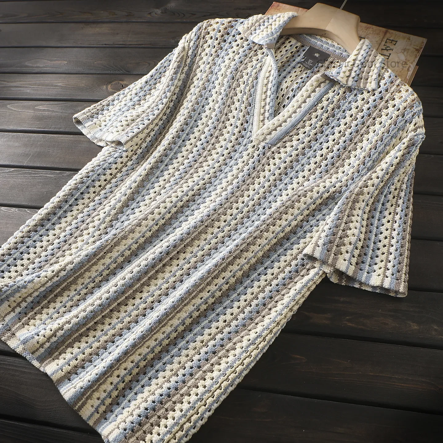 

Spring and Summer Slack and Textured Seagull Neck Hollow Knitted Short Sleeve POLO Shirt