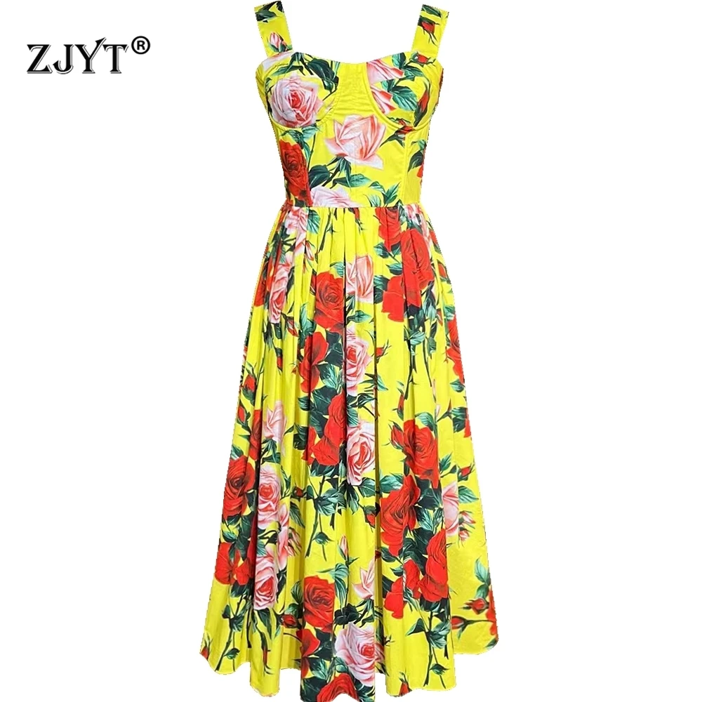 

ZJYT 100% Cotton Summer Long Dresses for Women 2025 Runway Fashion Spaghetti Strap Flower Print Yellow Party Beach Dress Vestido