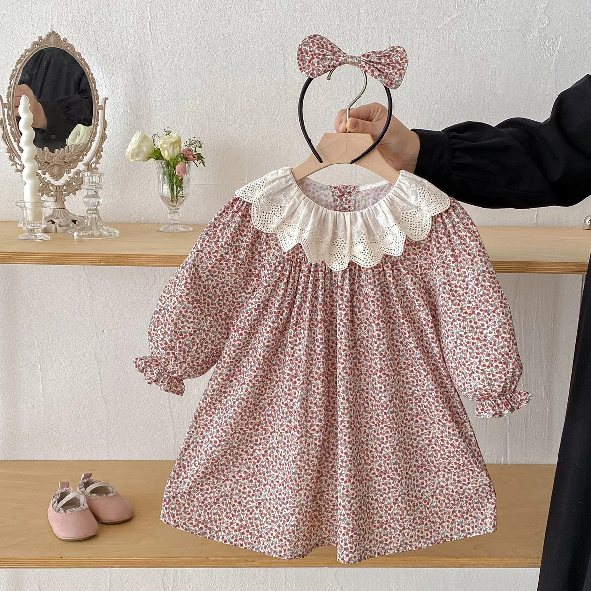 

2026 Spring Toddler Girls Floral Dress Cotton Long Sleeve Lace Ruffle Collar Casual Princess Kids Dresses for 2-10Y