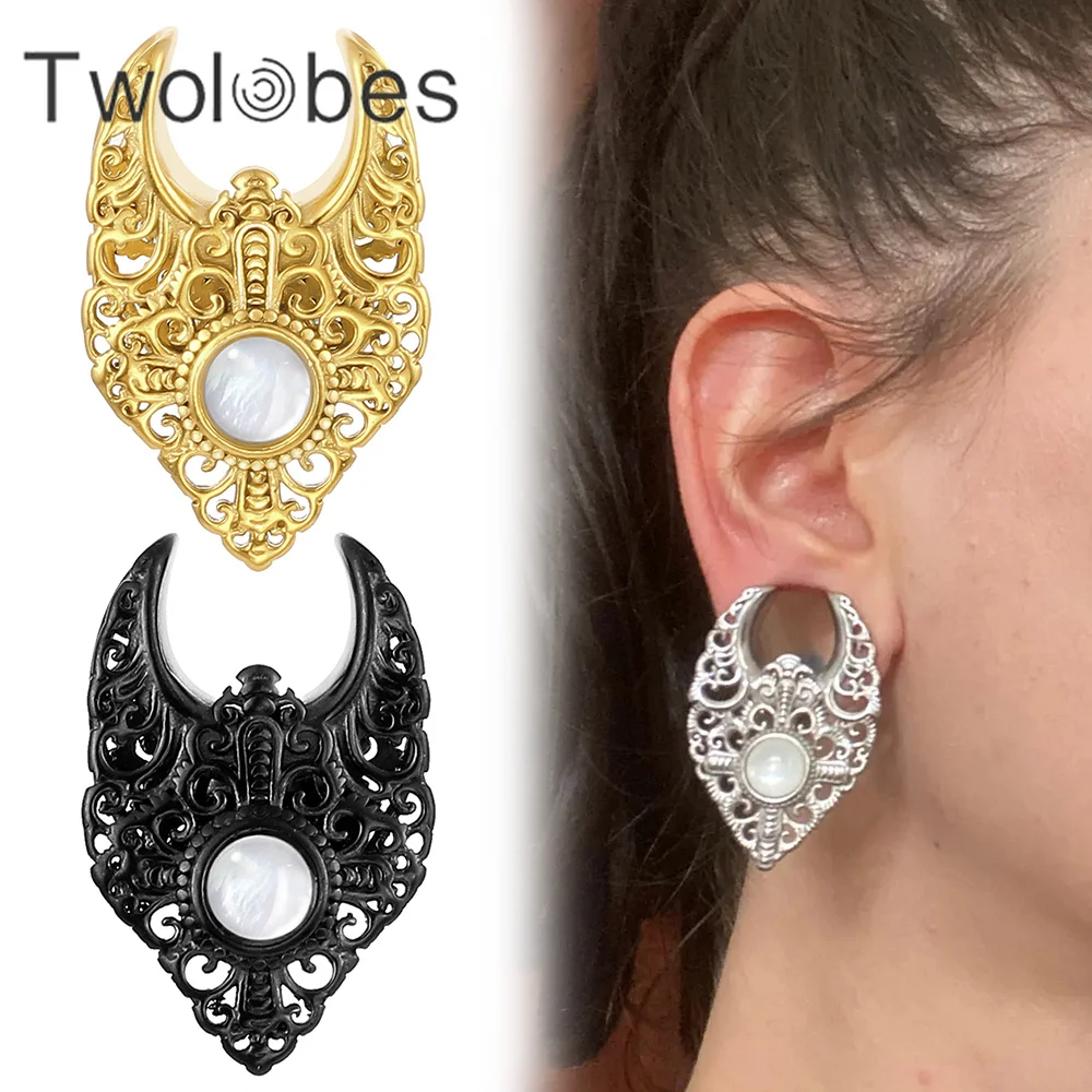 Twolobes 2 szt. Kwiatowa muszla Vintage eleganckie zatyczki siodłowe tunele wskaźniki rozciągnięty płatek przekłuwanie uszu kobiety biżuteria do ciała