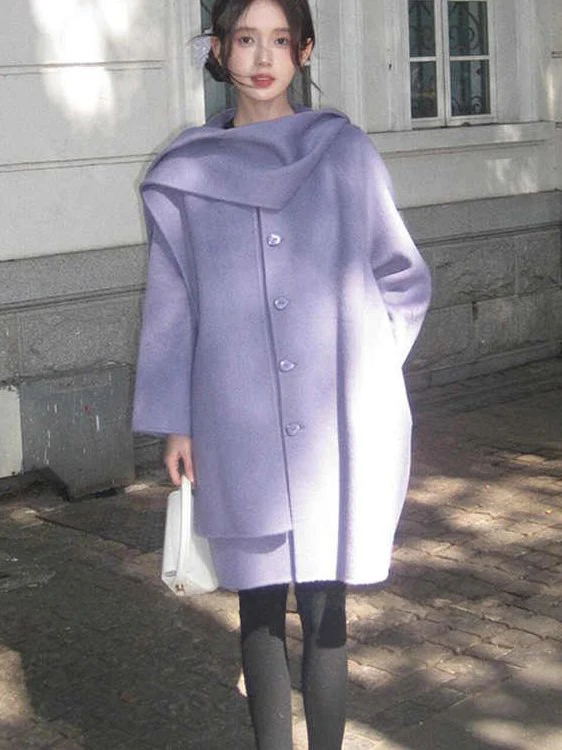 

Пальто женское фиолетовое с воротником-шарфом больших размеров, весенне-осеннее, французский стиль, шерстяное, свободного кроя, с длинными рукавами, средней длины