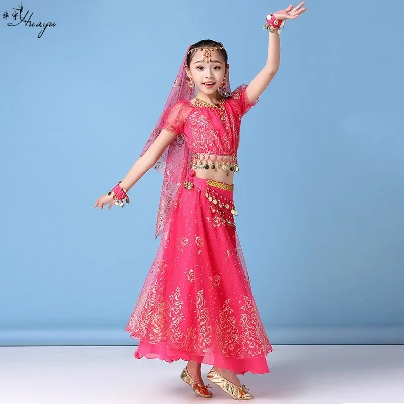 Set di danza del ventre da principessa per bambini India danza indiana orientale Sari ragazza costume da spettacolo del ventre Bollywood vestito da palcoscenico per bambini