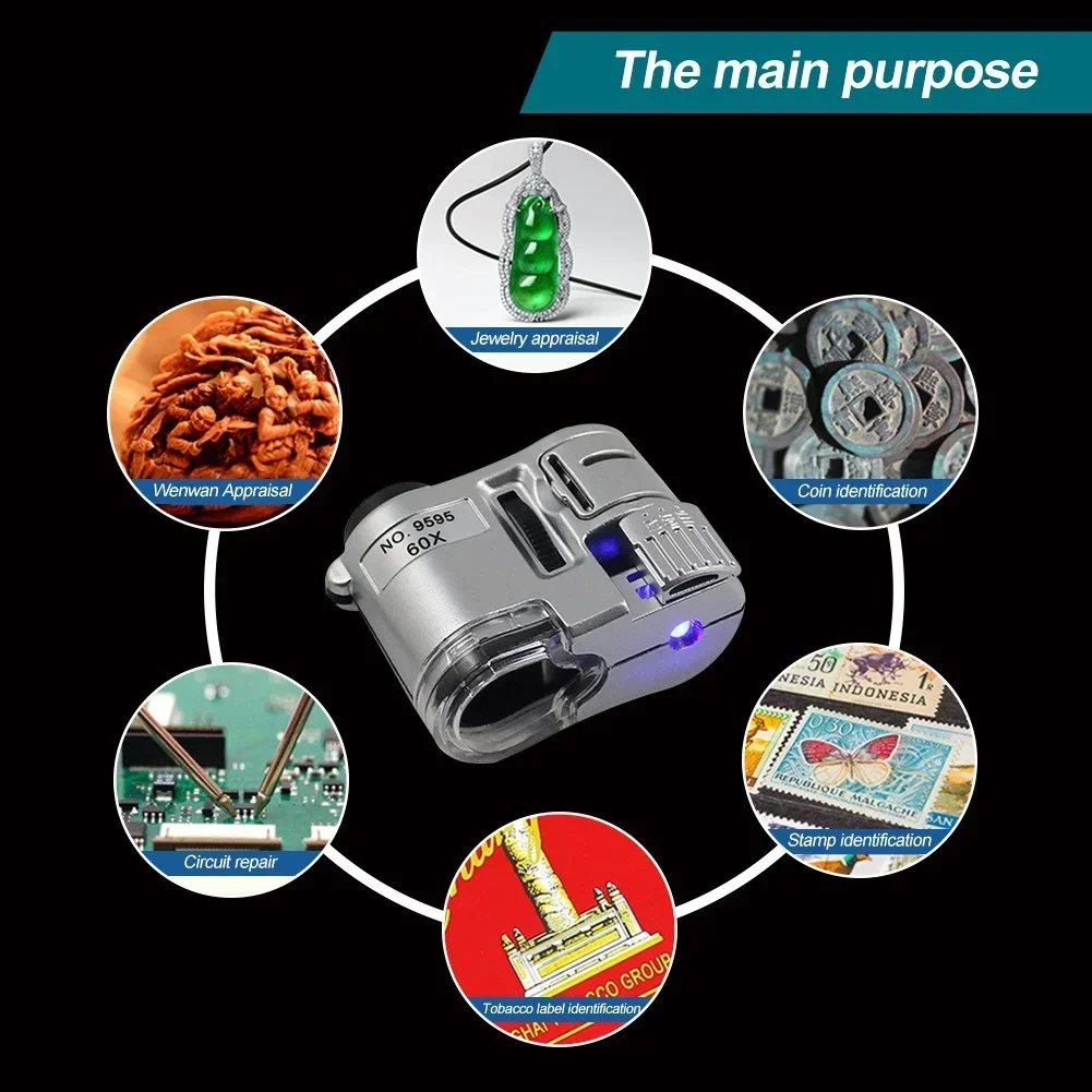 60x lupa portátil mini bolso microscópio lupa led joalheiro lupa detector de moeda portátil