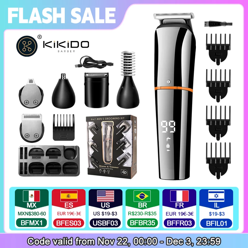 KIKIDO 6-in-1 Electric Groin Hair Trimmer for Men Body Groomer & Pubic Waterproof Hair Trimmer Nose Hair Trimmer Razor Home Use