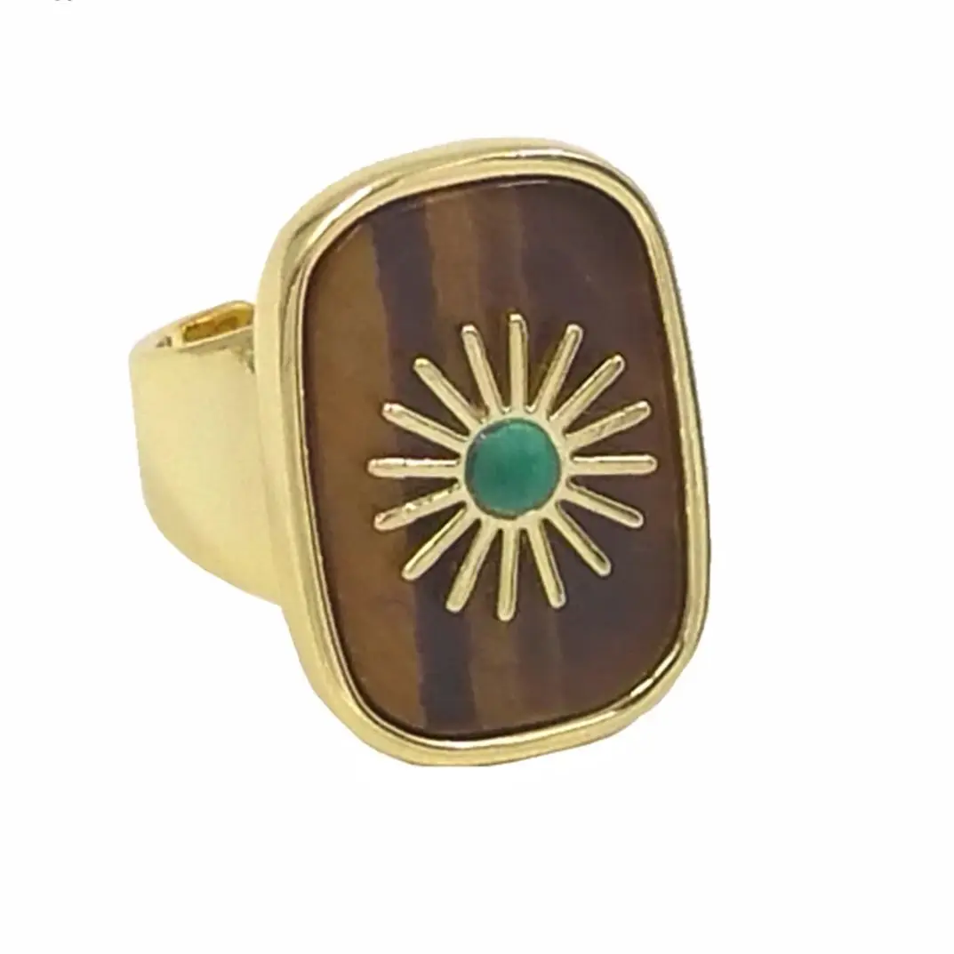 

WT-R364 Amazing Women Fashion Suqare Party Cocktail Ring Gold Electroplated Flower Charm Natural Stone Daily Accessory