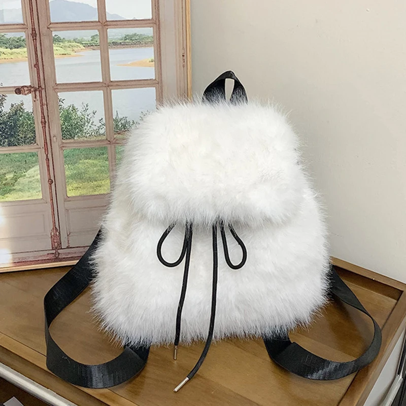 Winter Soft Plush Women's Backpack Solid Color Luxury Fake Fur Shoulder Handbag Fashionable Ladies Schoolbag for Females