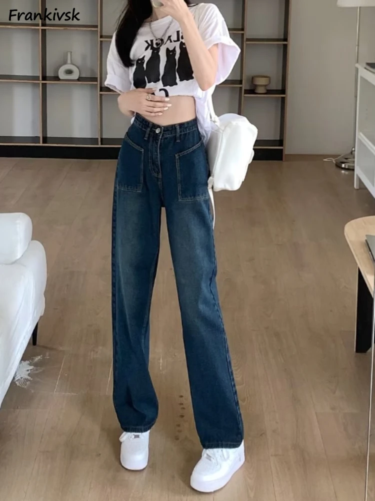 

Women Jeans High Waist Pockets Chic Daily Versatile Bleached Popular Summer Streetwear Students Simple Ladies Trousers Trendy