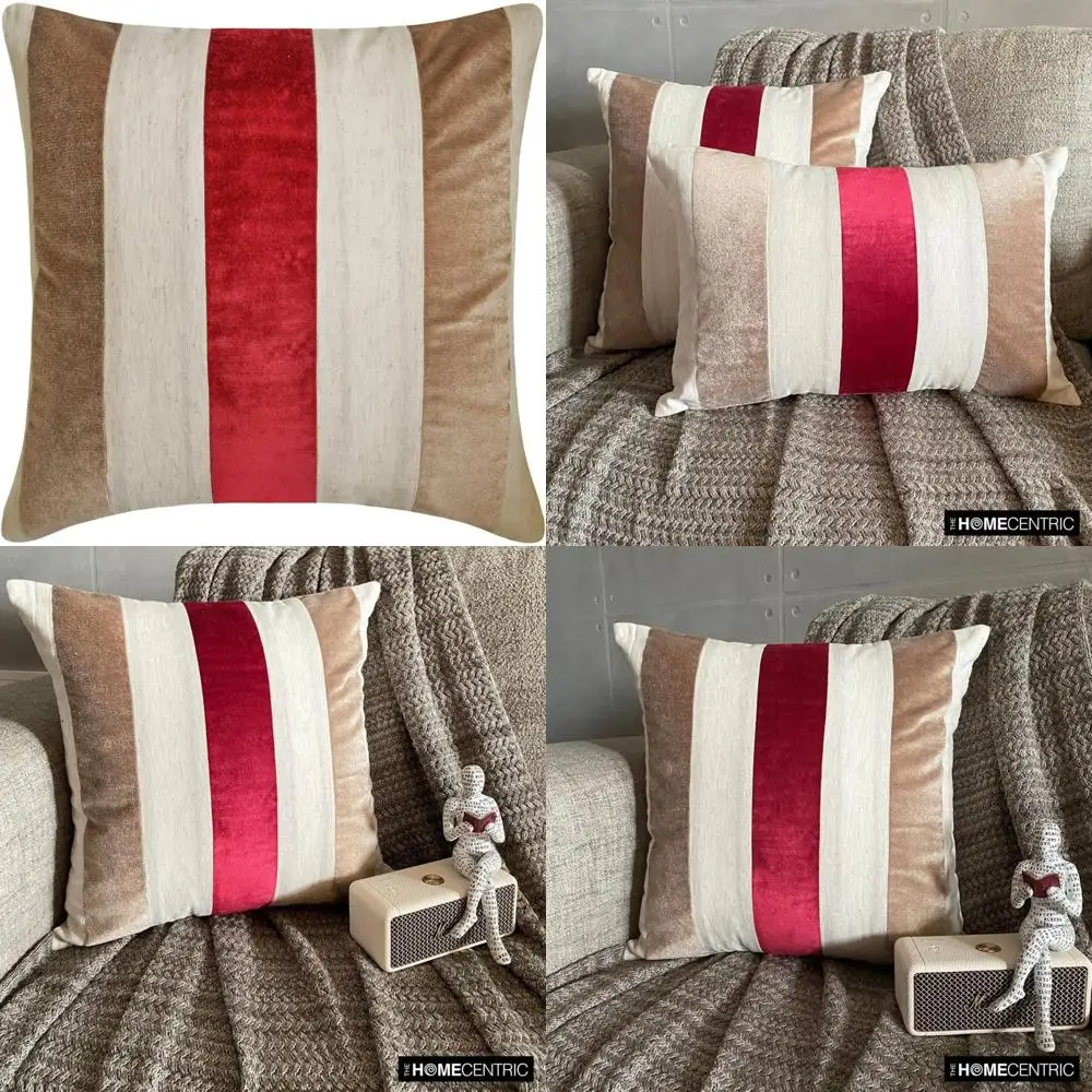 

Modern Velvet Striped Throw Pillow Covers 24x24 | Red Patchwork Cushion Covers for Couples | Contemporary Decorative Pillowcases