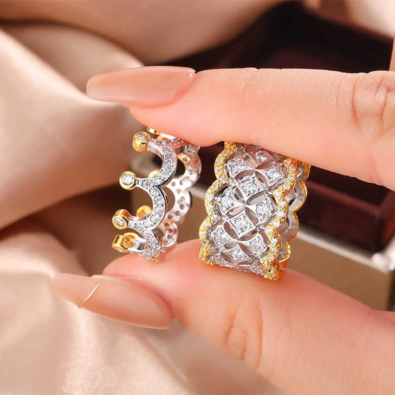 

New Trend Women Rings with Sparkling Cubic Zirconia Hollow Leaf Design Two Tone Hip Hop Rock Rings Party Girls Jewelry