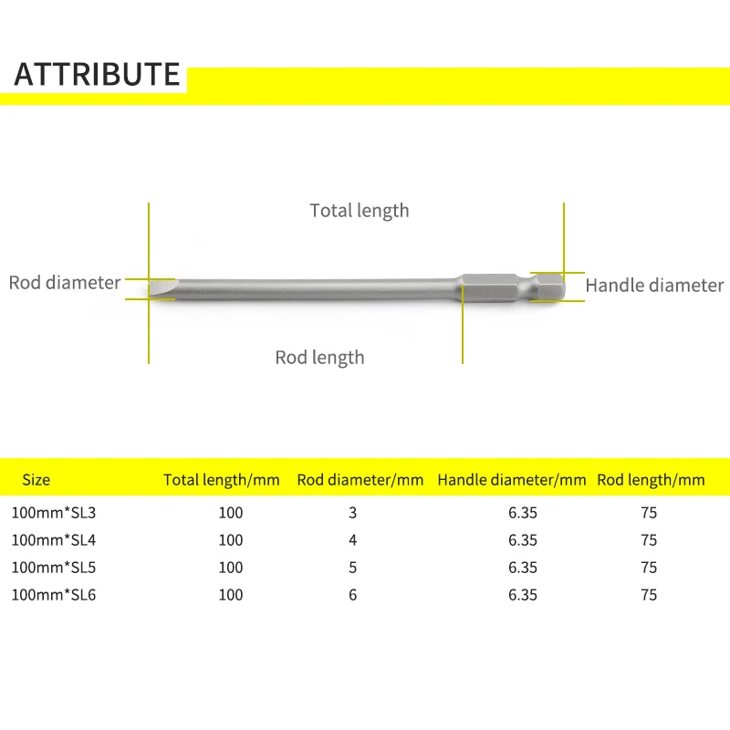 4/10pcs 100mm S2 Alloy Steel Flat Head Slotted Tip Magnetic Slotted Screwdrivers Bits SL3/SL4/SL5/SL6 Top Quality Silver