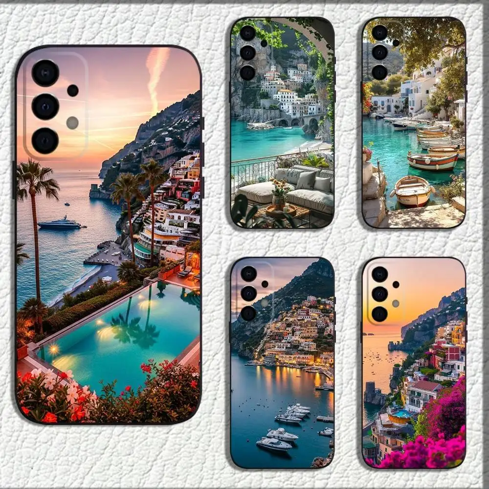 

European Amalfi Coast Phone Case For Samsung Galaxy A73,72,71,A52,51,40,41,A22,A32,31,A13,12,Note20 Soft Black Shell